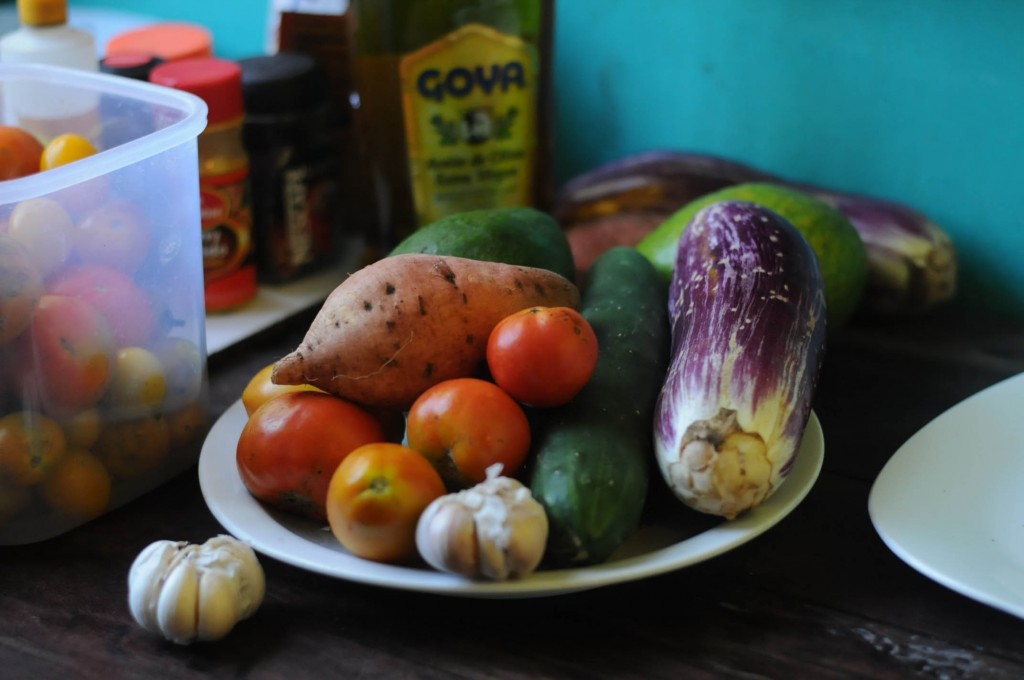Eggplants, sweet potatoes and tomatoes from Taino Farm as well as locally sourced garlic and cucumbers.